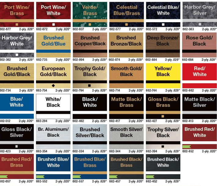 Engraving material color sample chart showing layered color combinations with core contrasts for custom designs.