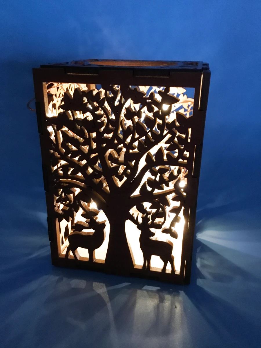 Laser-Cut Wood Lamp Featuring Deer Silhouettes