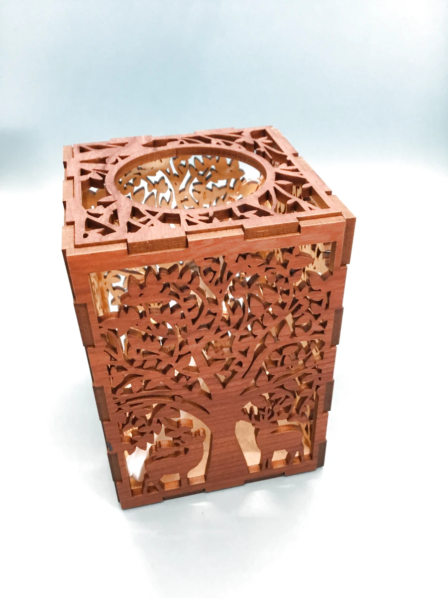 Laser-Cut Wood Lamp Featuring Deer and Wolves Silhouettes